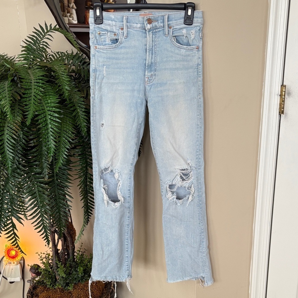 MOTHER The Insider Crop Step Fray Jeans High Waisted Light Blue Distressed